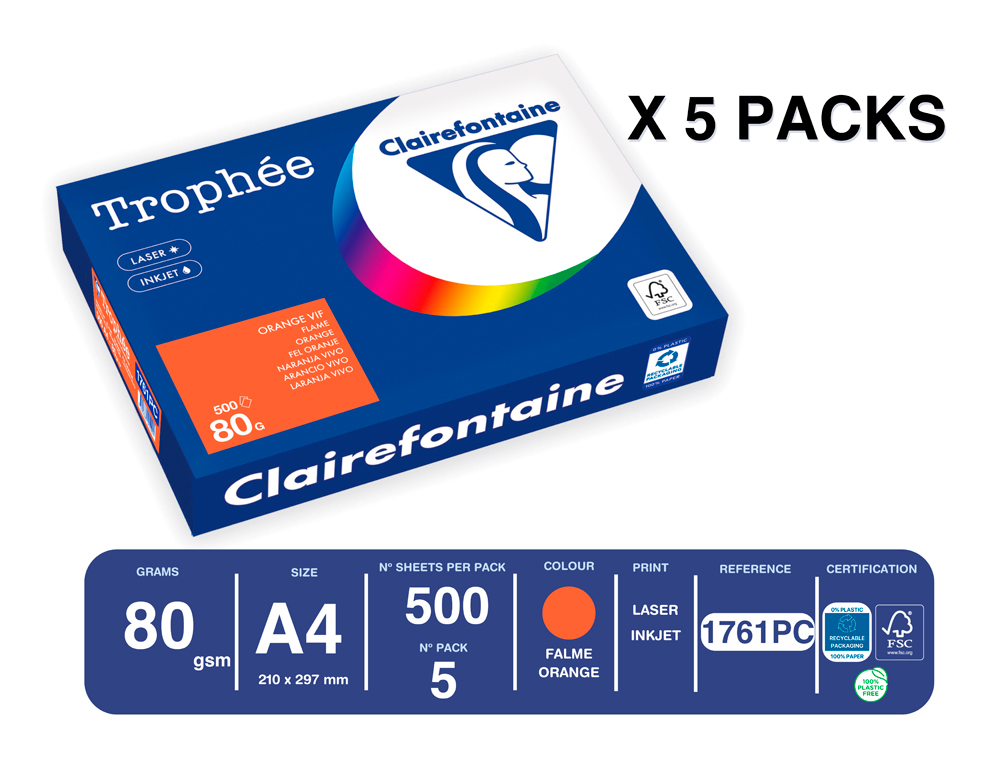 PAPEL COR TROPHEE A4 80 GR LARANJA INTENSO EMBALAGEM DE 500 FOLHAS