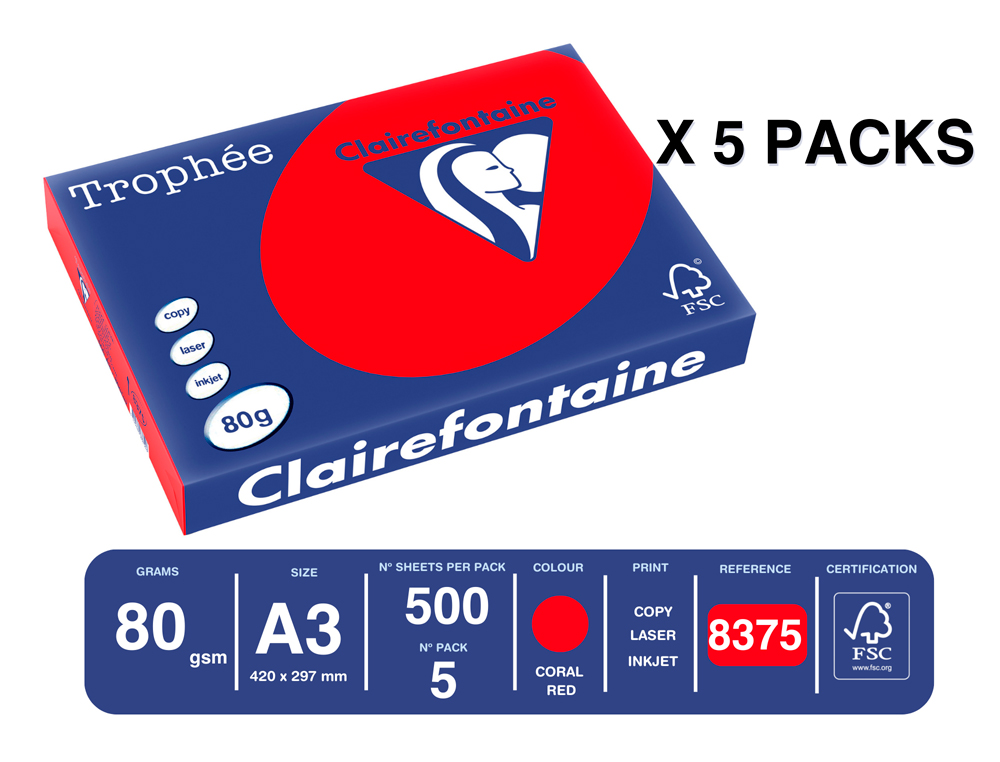 PAPEL COR TROPHEE A3 80 GR VERMELHO CORAL EMBALAGEM DE 500 FOLHAS