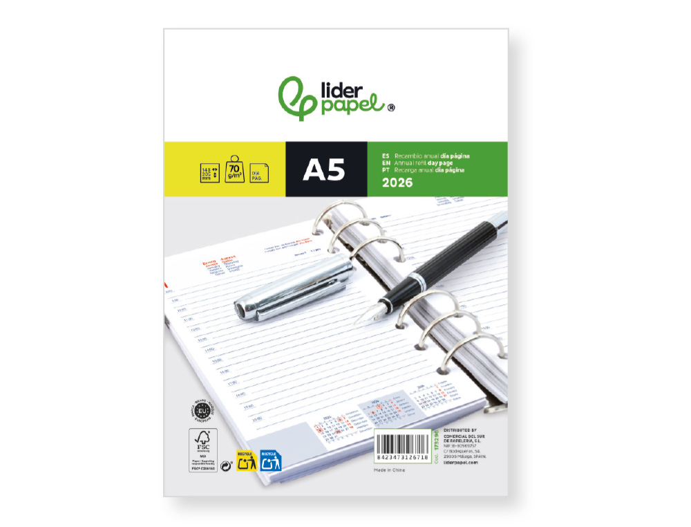RECARGA AGENDA ANEIS LIDERPAPEL 148X205 MM DIN A5 2026 DIA PAGINA PAPEL 70 GR FSC