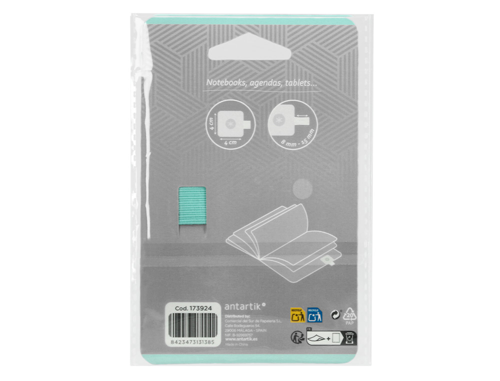 PORTABOLIGRAFO AUTOADHESIVO ANTARTIK PARA CUADERNO NOTE CON ELASTICO HASTA 15 MM GROSOR 80 MM GRIS Y TURQUESA