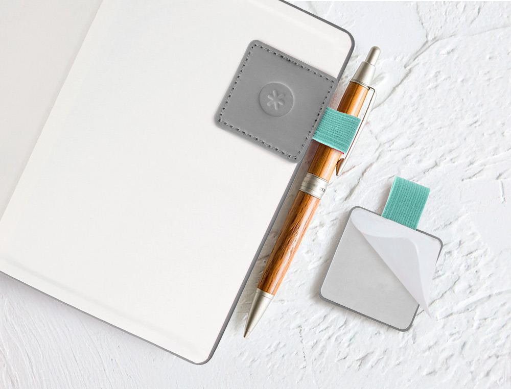 PORTABOLIGRAFO AUTOADHESIVO ANTARTIK PARA CUADERNO NOTE CON ELASTICO HASTA 15 MM GROSOR 80 MM GRIS Y TURQUESA