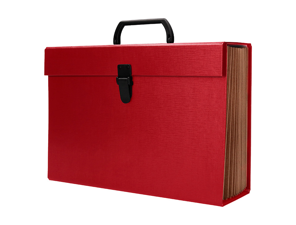 MALETIN LIDERPAPEL CON FUELLE Y ASA CARTON FORRADO 19 DEPARTAMENTOS 255X390X120 MM COLOR ROJO