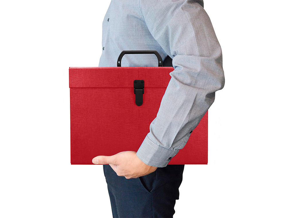 MALETIN LIDERPAPEL CON FUELLE Y ASA CARTON FORRADO 19 DEPARTAMENTOS 255X390X120 MM COLOR ROJO