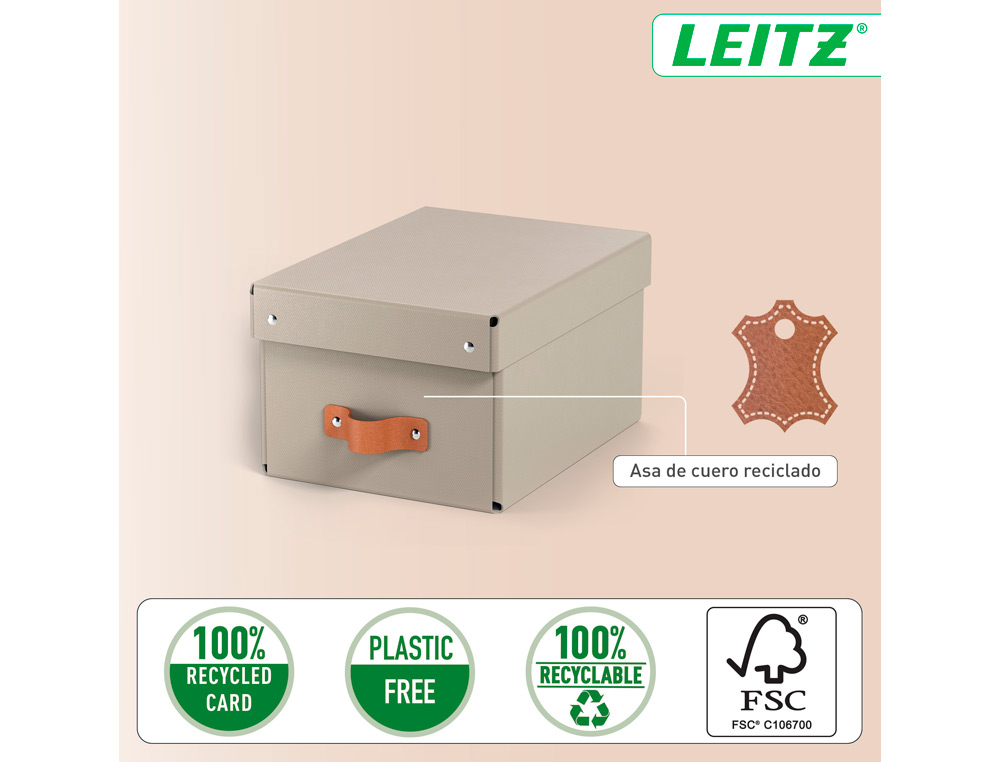 CAIXA DE ARMAZENAGEM LEITZ CARTAO PEQUENA COM ASA DE IMITACAO DE PELE COR BEGE PACK DE 2 UNIDADES
