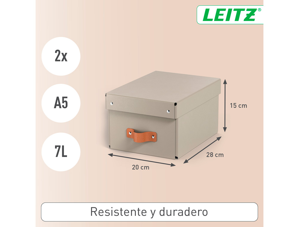 CAIXA DE ARMAZENAGEM LEITZ CARTAO PEQUENA COM ASA DE IMITACAO DE PELE COR BEGE PACK DE 2 UNIDADES