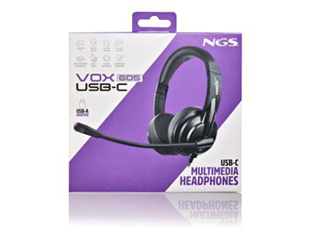 AURICULARES NGS VOX805 COM CABO STEREO USB-C COM CONTROLO DE VOLUME E ADAPTADOR USB USB COR PRETO