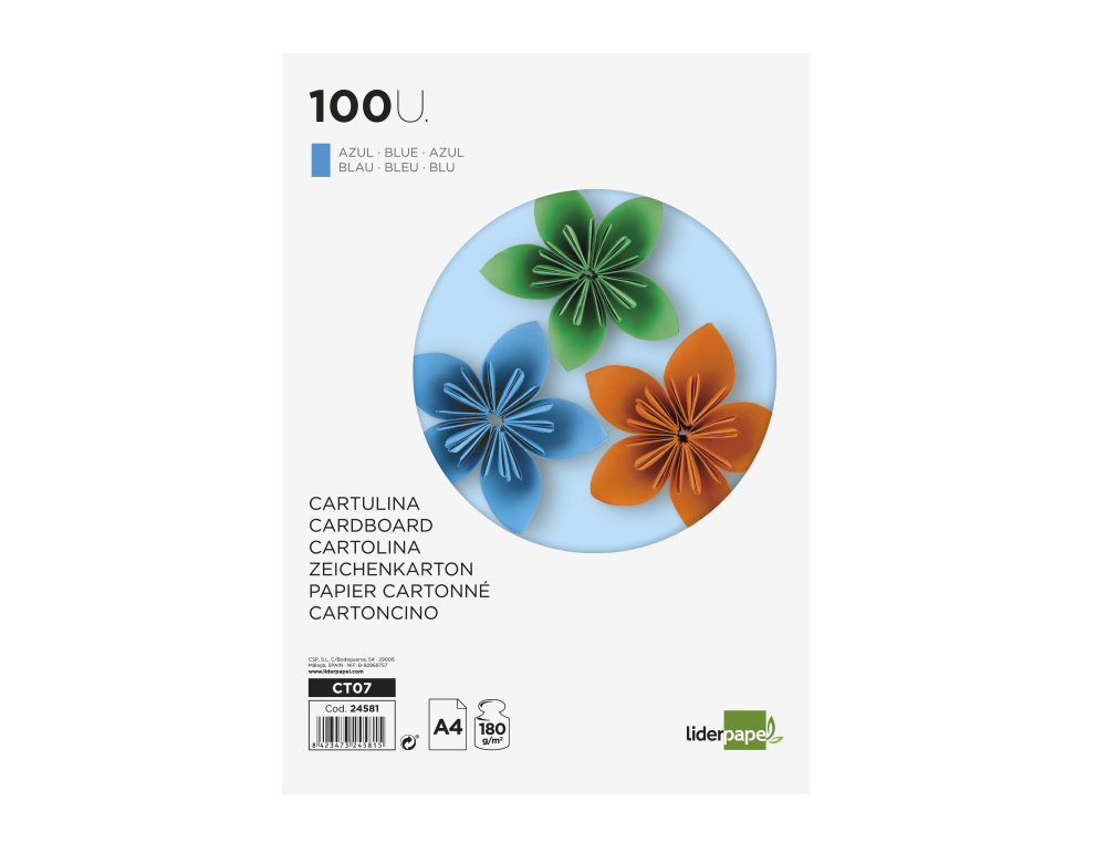 CARTOLINA LIDERPAPEL DIN A4 180 GR AZUL PACK DE 100 UNIDADES