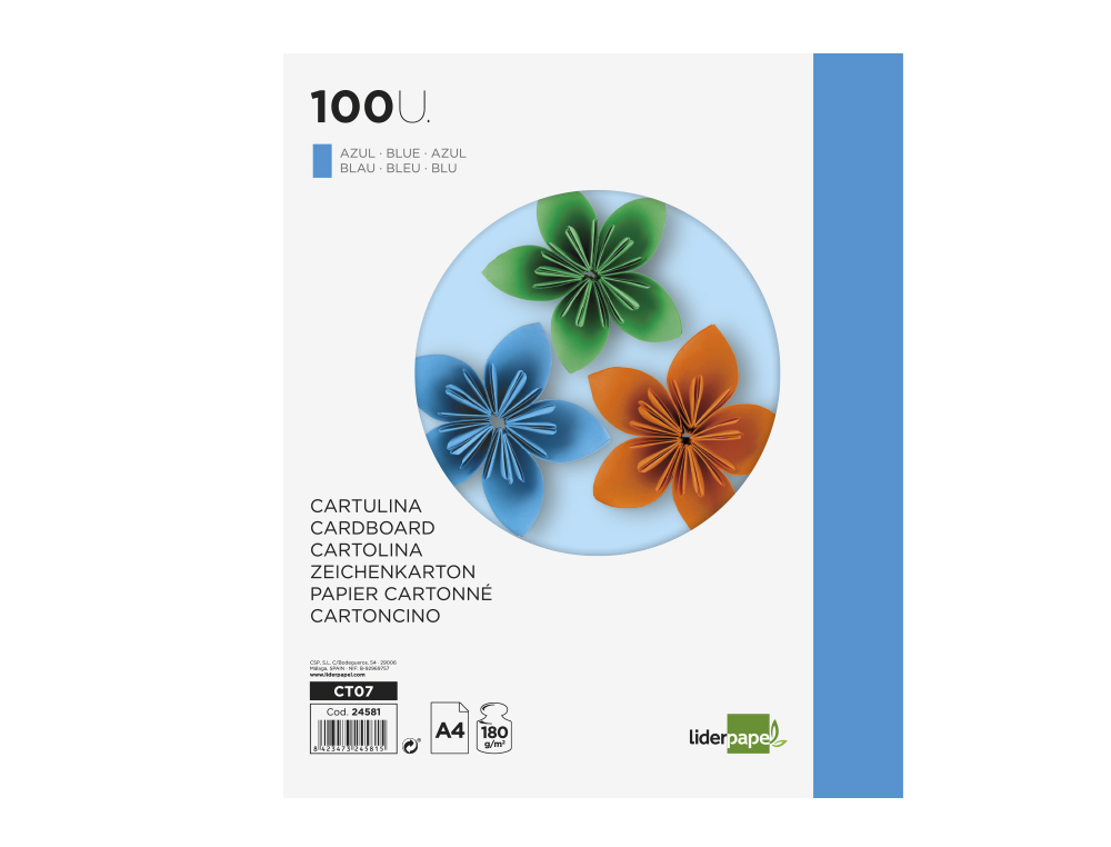 CARTOLINA LIDERPAPEL DIN A4 180 GR AZUL PACK DE 100 UNIDADES