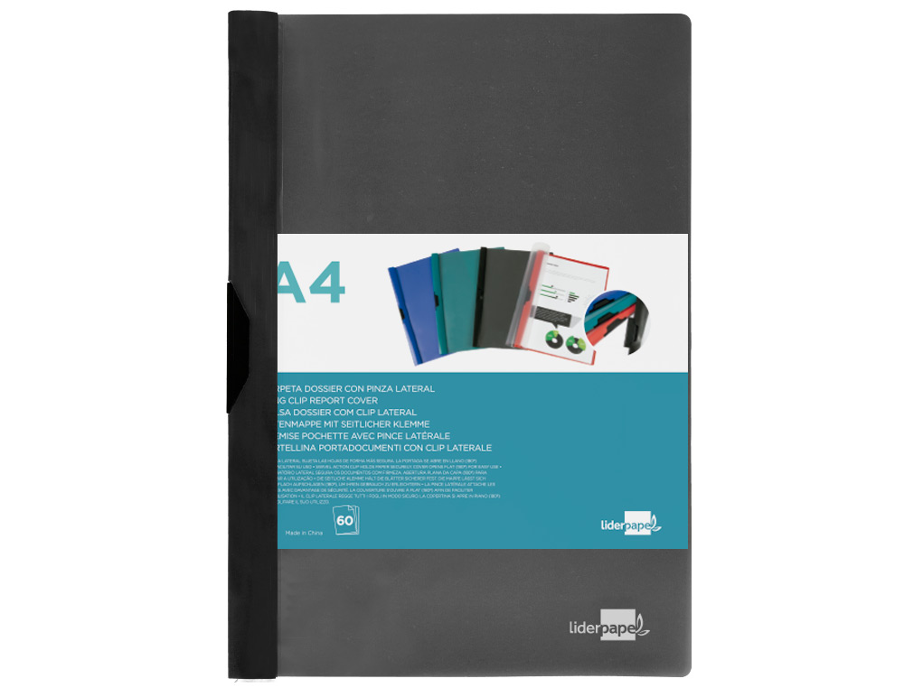 BOLSA DOSSIER LIDERPAPEL COM CLIP LATERAL DIN A4 PRETO 60 FOLHAS