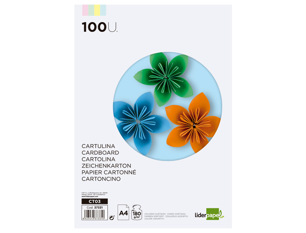 CARTOLINA LIDERPAPEL DIN A4 180 GR CORES SORTIDAS PACK DE 100 UNIDADES