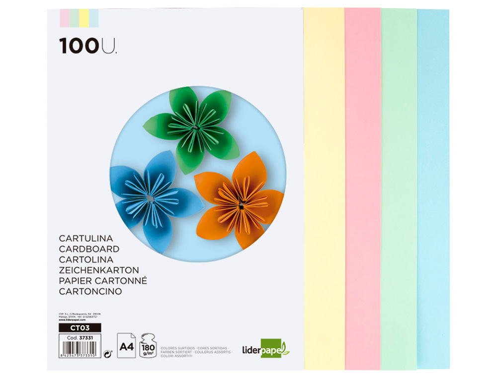 CARTOLINA LIDERPAPEL DIN A4 180 GR CORES SORTIDAS PACK DE 100 UNIDADES