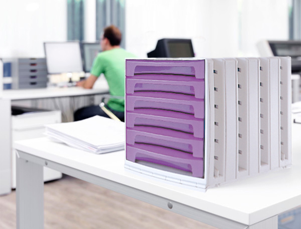 BLOCO CLASSIFICADOR DE SECRETARIA Q-CONNECT 6 GAVETAS VIOLETA TRANSLUCIDO 370X305X215 MM ESPACO ORGANIZACAO SUPERIOR