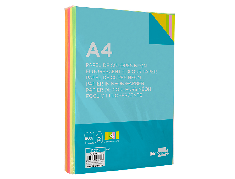 PAPEL DE COR LIDERPAPEL DIN A4 75 GR QUATRO CORES NEON SORTIDAS EMBALAGEM DE 500 FOLHAS
