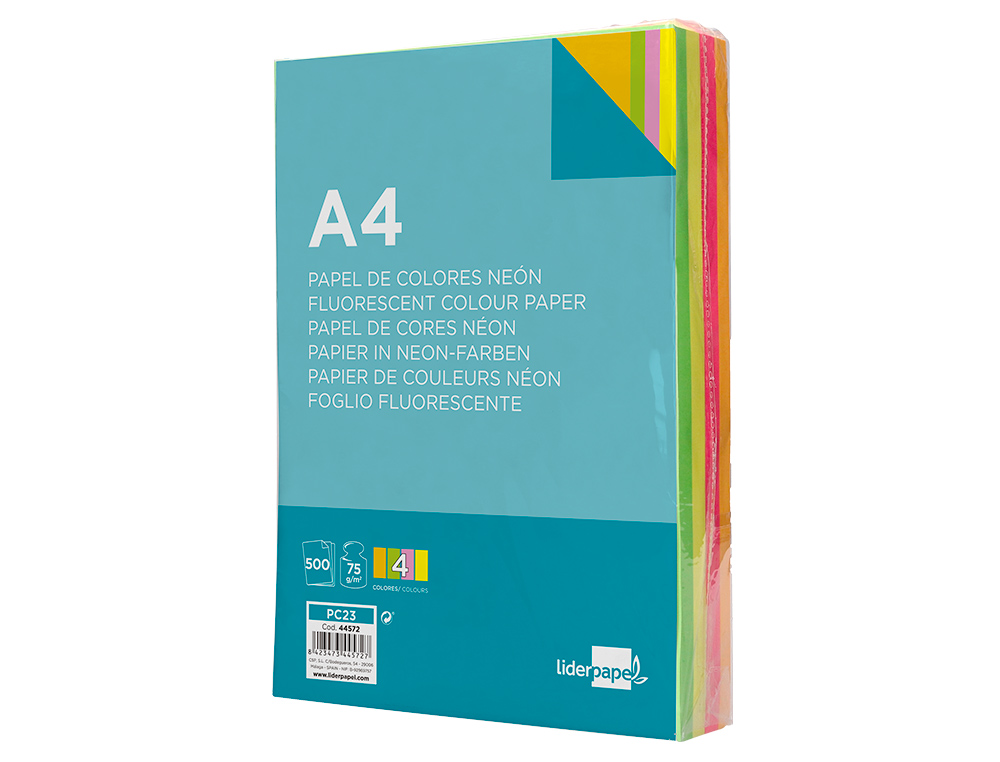 PAPEL DE COR LIDERPAPEL DIN A4 75 GR QUATRO CORES NEON SORTIDAS EMBALAGEM DE 500 FOLHAS