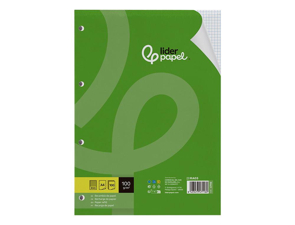 RECARGA LIDERPAPEL DIN A4 100 FOLHAS 100G/M2 QUADRICULA 4MM COM MARGEM 4 FUROS