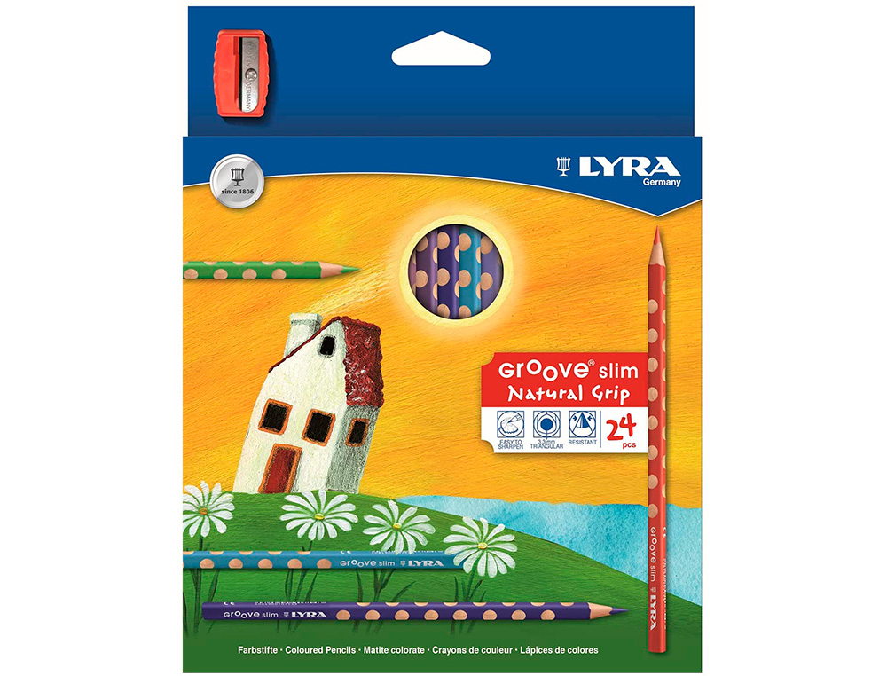 LAPIS DE COR LYRA GROOVE SLIM TRIANGULAR MINAS DE 3,3 MM CAIXA DE 24 CORES + APARA LAPIS