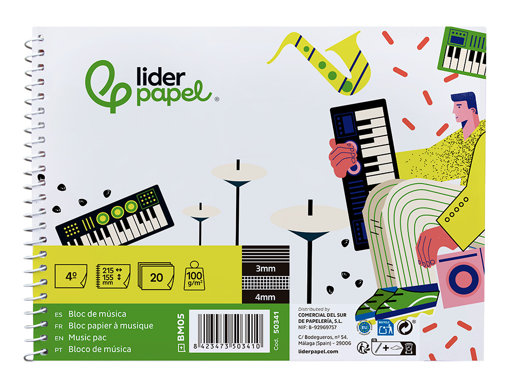 BLOCO MUSICA LIDERPAPEL PENTAGRAMA 3MM MAIS QUADRICULA DE 4MM PARA ANOTACOES QUARTO 20 FOLHAS 100 GR