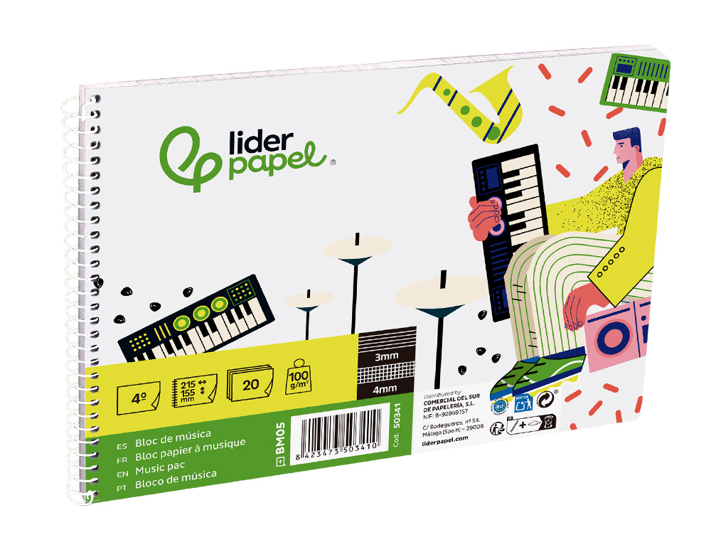 BLOCO MUSICA LIDERPAPEL PENTAGRAMA 3MM MAIS QUADRICULA DE 4MM PARA ANOTACOES QUARTO 20 FOLHAS 100 GR