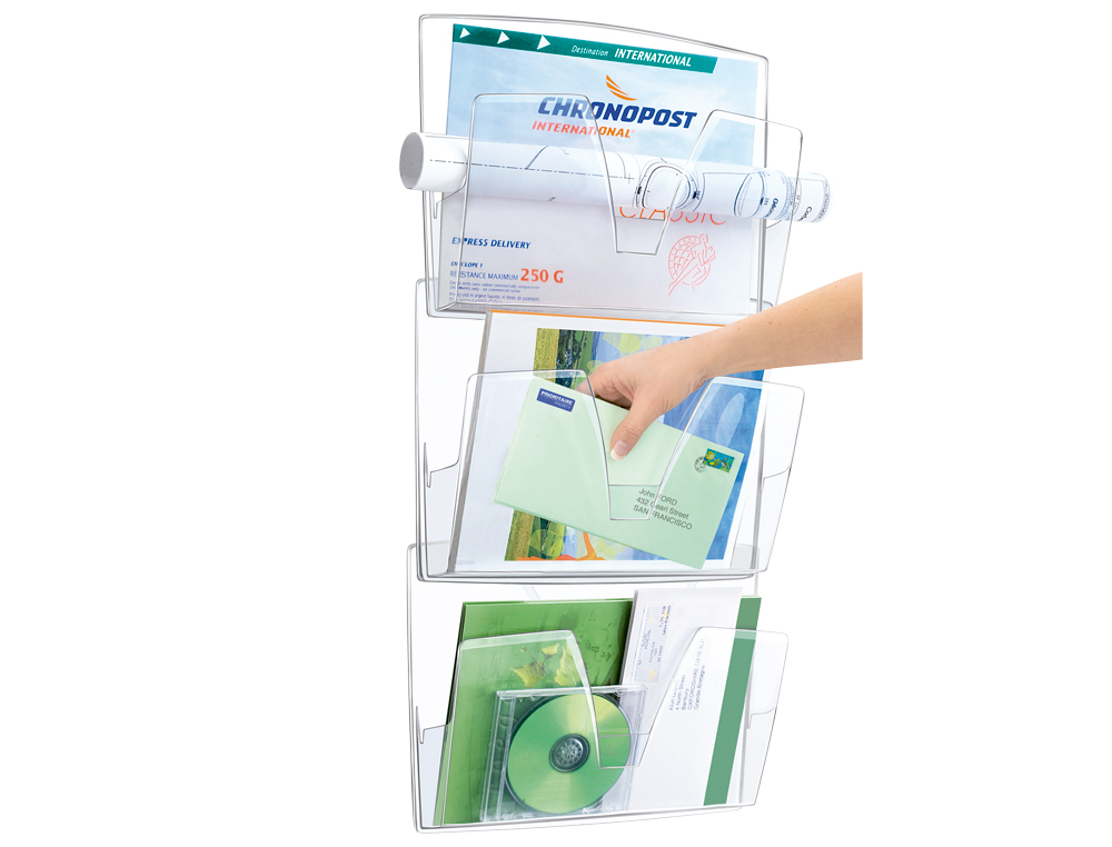 EXPOSITOR MURAL CEP DE PAREDE 3 BANDEJAS DIN A4 TRANSPARENTE 361X86X718 MM