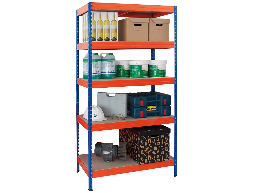 ESTANTE AR STORAGE METALICA 192X100X50CM 5 PRATELEIRAS 300KG POR PRAT. EM MADEIRA SEM PARAFUSOS. COR AZUL/LARANJA