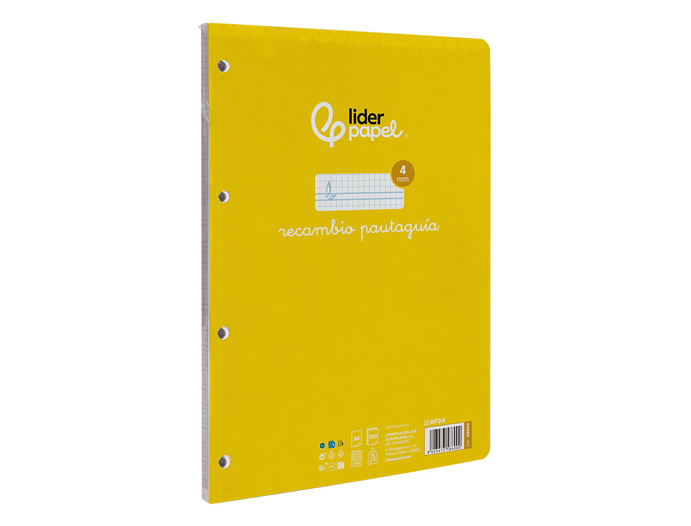 RECAMBIO LIDERPAPEL FOLIO 100 H 4 TALADROS 70 GR CUADRICULADO PAUTADO 4 MM CON MARGEN