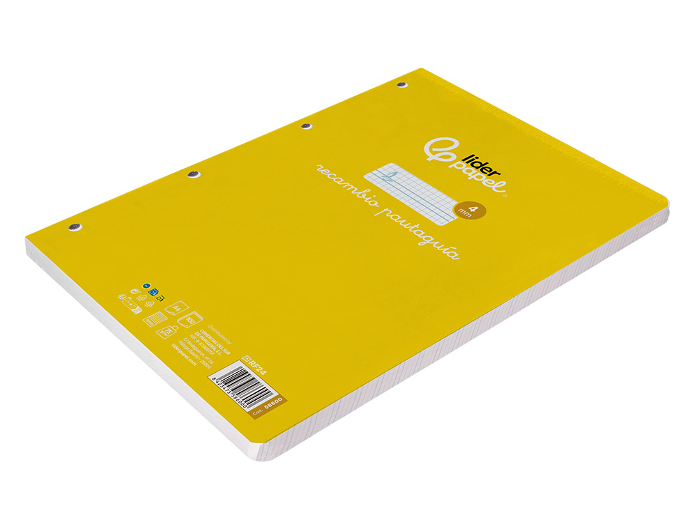 RECAMBIO LIDERPAPEL FOLIO 100 H 4 TALADROS 70 GR CUADRICULADO PAUTADO 4 MM CON MARGEN