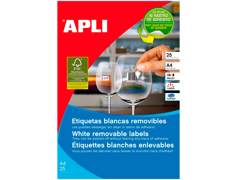 ETIQUETAS ADESIVAS APLI 35,6X16,9 MM FOTOCOPIADORA LASER TINTEIRO CAIXA 25 FOLHAS DIN A4 COM 2000 ETIQUETAS