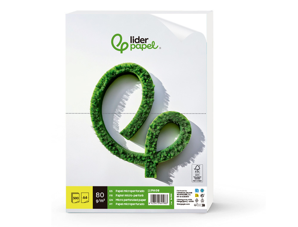 PAPEL LIDERPAPEL DIN A4 80 GR BRANCO MICROPERFURADO EM DUAS PARTES IGUAIS EMBALAGEM DE 500 FOLHAS