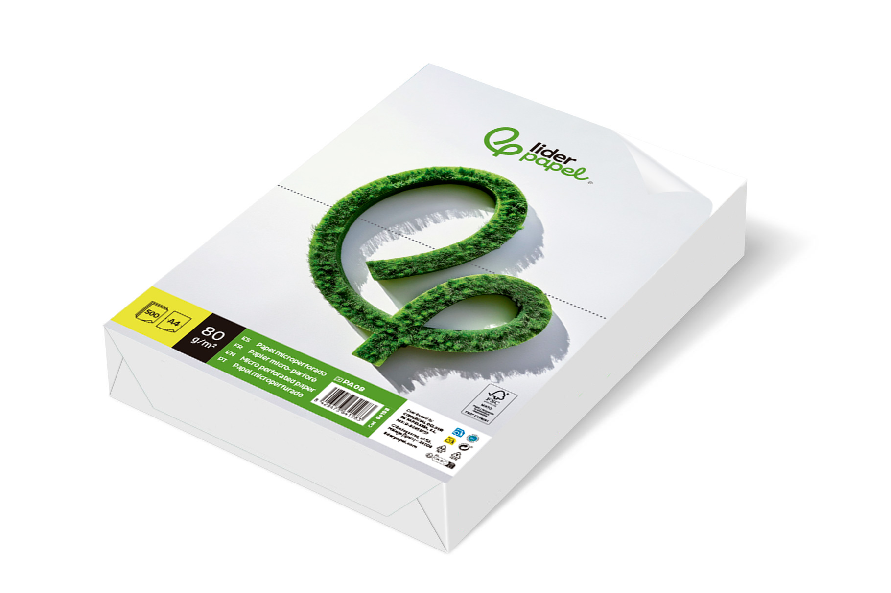 PAPEL LIDERPAPEL DIN A4 80 GR BRANCO MICROPERFURADO EM DUAS PARTES IGUAIS EMBALAGEM DE 500 FOLHAS
