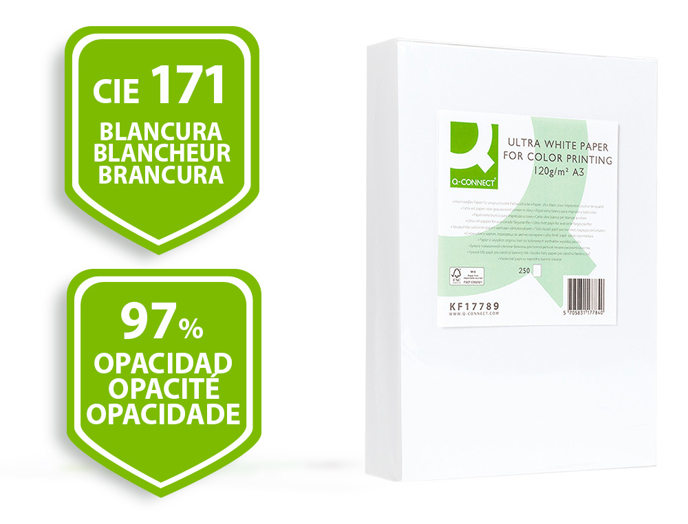 PAPEL FOTOCOPIA ULTRA WHITE Q-CONNECT DIN A3 120 GR EMBALAGEM DE 250 FOLHAS