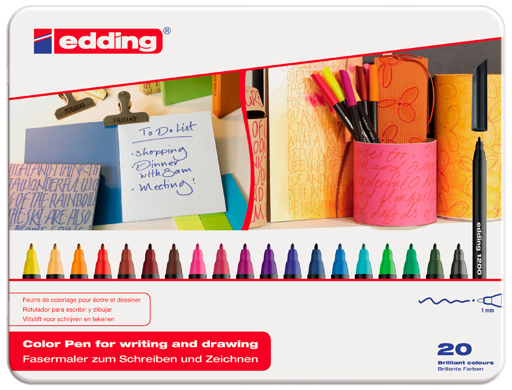 MARCADOR EDDING 1200 PONTA DE FIBRA REDONDA TRACO 1 MM CORES SORTIDAS CAIXA METALICA DE 20 MARCADORES