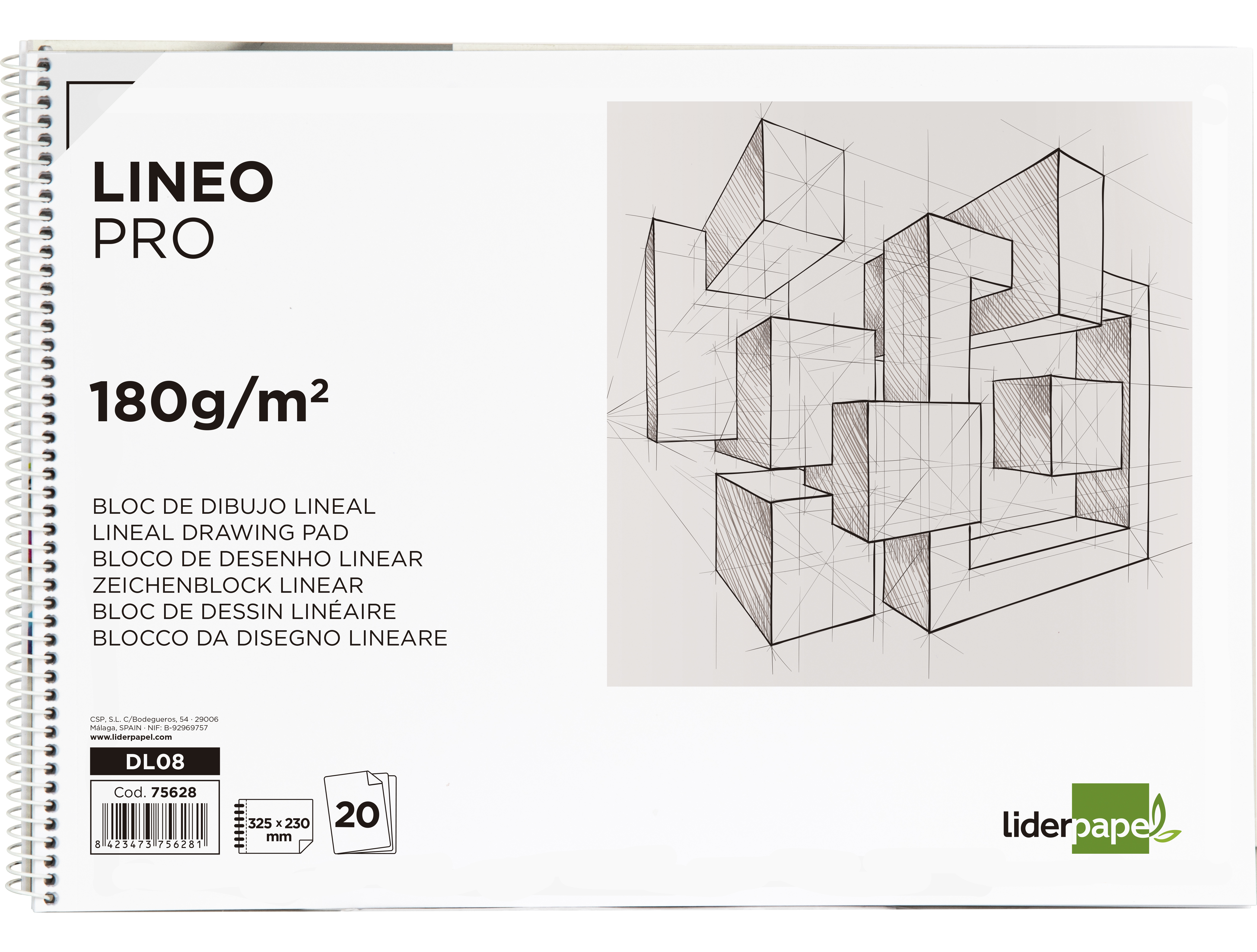 BLOCO DE DESENHO LIDERPAPEL LINEAL ESPIRAL 230X325MM 20 FOLHAS 180 GR COM ESQUADRIA