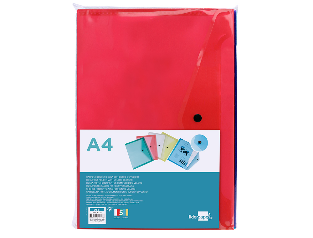 BOLSA PORTA DOCUMENTOS LIDERPAPEL COM MOLA DIN A4 5 CORES SORTIDAS