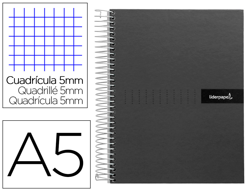 CADERNO ESPIRAL LIDERPAPEL CRAFTY MICRO DIN A5 CAPA FORRADA 120 F 90 GR QUADRICULA 5MM 5 BANDAS DE CORES 6 FUROS COR PRE