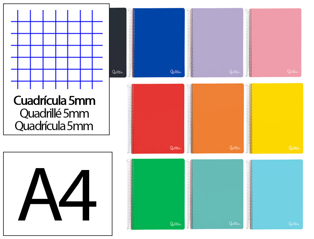 CADERNO ESPIRAL LIDERPAPEL WITTY MICRO DIN A4 CAPA DURA 120F 90GR QUADRICULA 5MM 5 BANDAS 4 FUROS CORES SORTIDAS