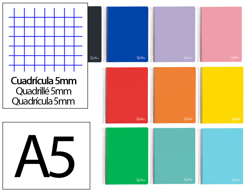 CADERNO ESPIRAL LIDERPAPEL WITTY MICRO DIN A5 CAPA DURA 120F 90GR QUADRICULA 5MM 5 BANDAS 6 FUROS CORES SORTIDAS