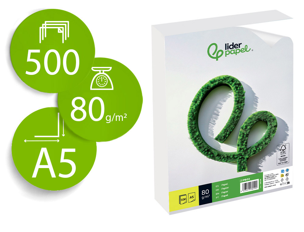 PAPEL LIDERPAPEL DE ESCRITA DIN A5 80 GR LISO EMBALAGEM DE 500 FOLHAS