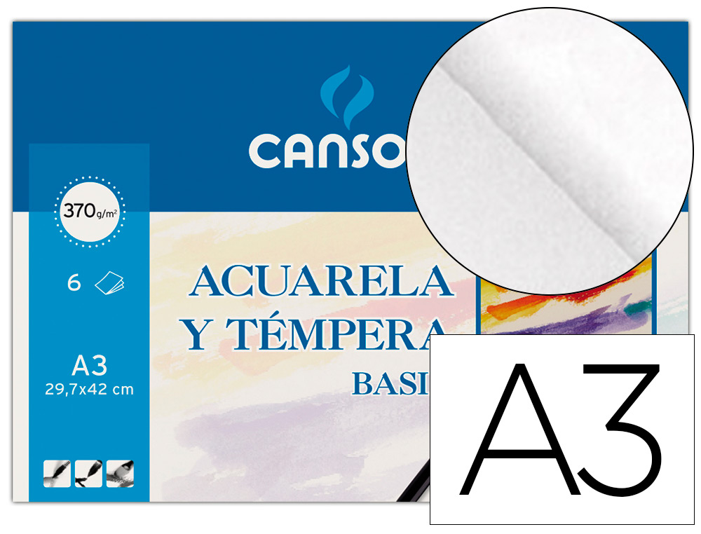 PAPEL AGUARELA BASIK CANSON DIN A3 370 GR EMBALAGEM DE 6 FOLHAS