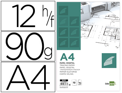 BLOCO DE PAPEL VEGETAL LIDERPAPEL DIN A4 210X297MM 90 GR BOLSA DE 12 FOLHAS