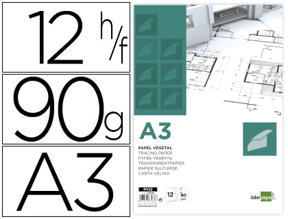 BLOCO DE PAPEL VEGETAL LIDERPAPEL DIN A3 297X420MM 90 GR BOLSA DE 12 FOLHAS